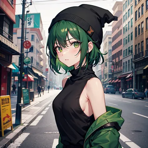 masterpiece, best quality, city, street, looking at viewer, upper body, 1girl, black and green hair, short hair, dark green eyes, black beanie, black and green jacket, short sleeves, medium breasts, blush, happy