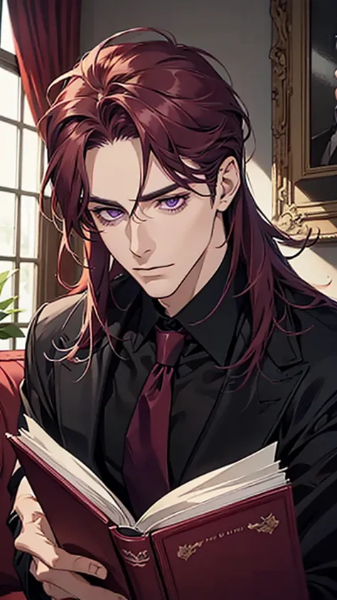 (best quality,ultra-detailed,photorealistic),tall man with burgundy hair, purple eyes, wearing a black shirt and a red tie, reading a book in the living room, detailed face and eyes, close-up