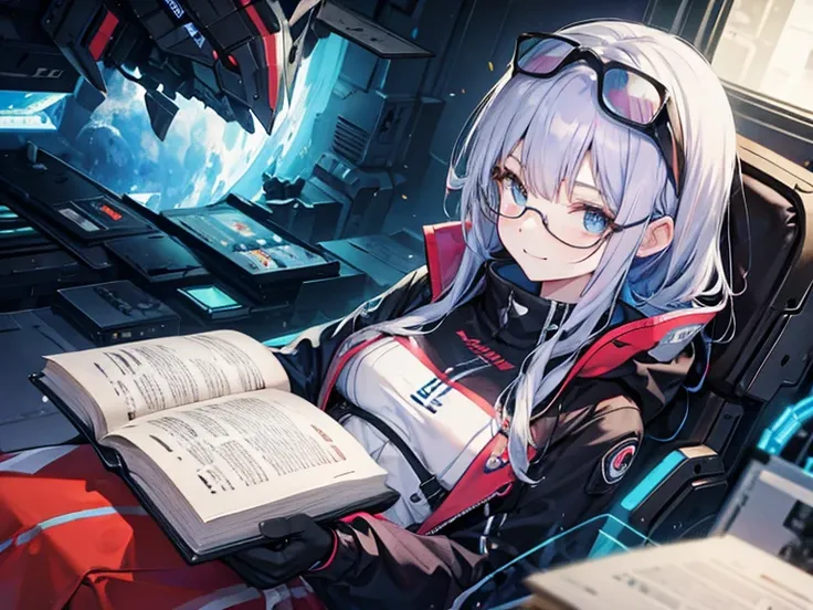 A woman sat quietly, eyes fixed on the pages of the book she was reading seriously. Next to him, another woman in futuristic clothes wearing augmented reality glasses, smiling looking forward, enjoying the picture of a bright future