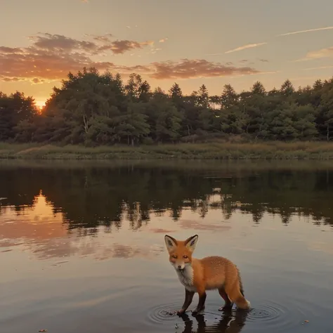 A fox at sunset by a lake