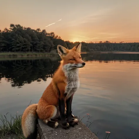 A fox at sunset by a lake