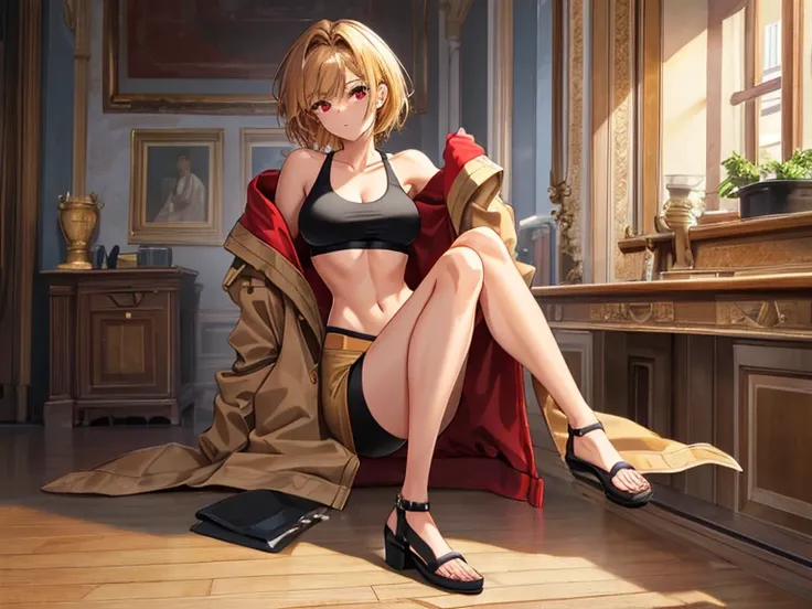 masterpiece:1.2, high quality, best quality, detailed_background,indoors,highres,neko (solution1988),brown coat,full body,open clothes,absurdres,red eyes,open coat,gradient background,looking at viewer,sports bra,1girl,short hair,bare shoulders,solo,golden...