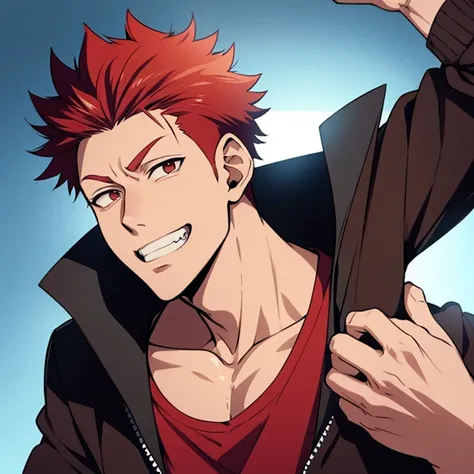 Red hair, boy, brown eyes, anime, manga and hes saying nah id win, jujutsu kaisen, happy with a teeth smile