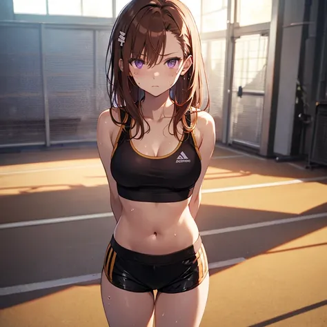 Masterpiece, 4K, Best Quality, Misaka Mikoto, purple eyes, long orangish brown hair, light golden brown skin, Ribbon, Sports Bra, Latex Shorts, Standing, Arms Crossed Cool Expression Sweat Miwaki