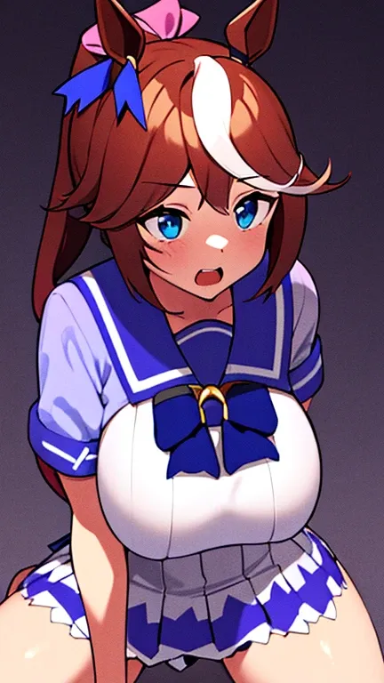 (huge huge tits), High resolution, 1 girl, marl, alone, Tokai Teio (Umamusume), Trasen , white thighs, white skirt, ponytail, sailor shirt, short sleeve, very long hair, brown haired, horseshoe decoration, sailor collar, purple shirt, hair intake, mini ski...