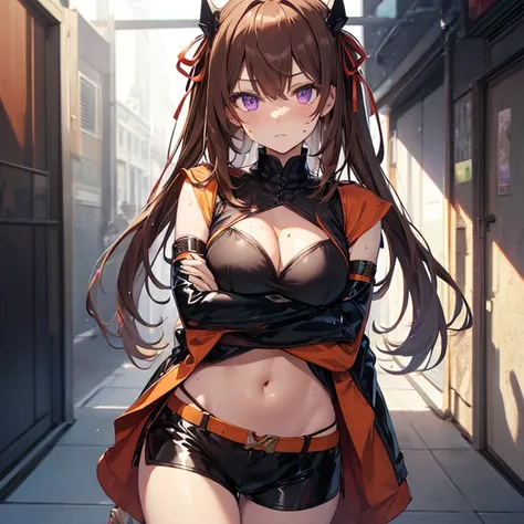 Masterpiece, 4K, Best Quality, purple eyes, long orangish brown hair, light golden brown skin, Ribbon, Lenin chest wrap, Latex Shorts, Standing, Arms Crossed Cool Expression Sweat Miwaki