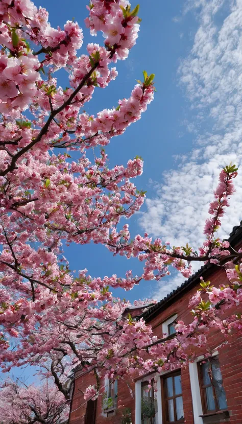 spring，good weather，(Blue sky and white clouds)，Looking up，A close-up view of a red brick residential building through a peach blossom tree，House，[Pink peach blossom close-up]，They are on the same side of the screen，Looking up的消失点在天空，Highly detailed real p...