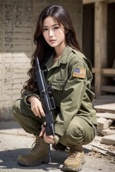 hyper realism、(surreal:1.5)、realistic、realistic skin texture、beautiful japanese woman in the us military、aim with a gun、very rea...