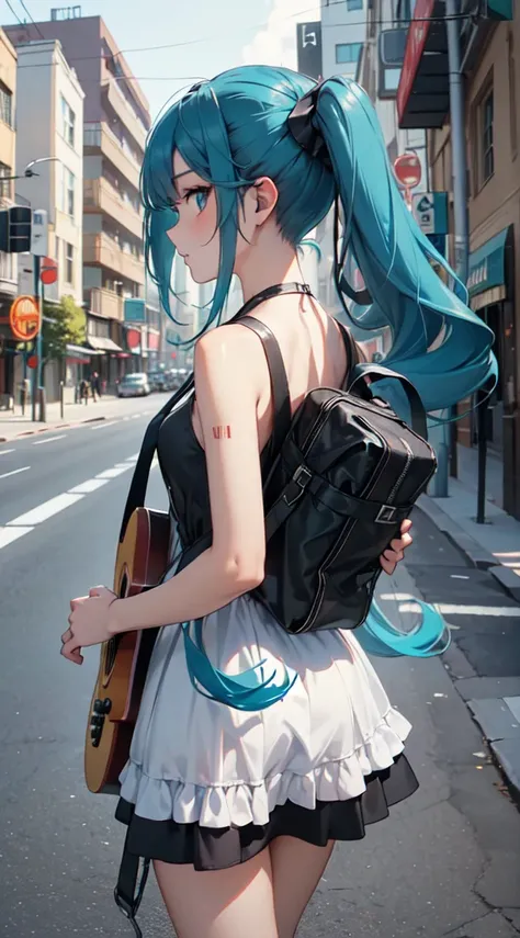 ((masterpiece, best quality))1girl, solo, black dress, blue eyes, electric guitar, headphones, double ponytail, long hair, music, one side up, teal hair, twin tails, white sundress, guitar case on her back, walking the afternoon street 