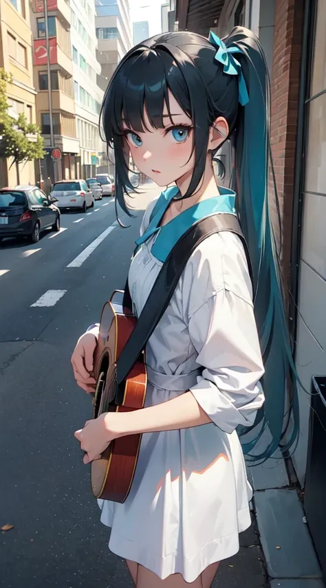 ((masterpiece, best quality))1girl, solo, black dress, blue eyes, electric guitar, headphones, double ponytail, long hair, music, one side up, teal hair, twin tails, white sundress, guitar case on her back, walking the afternoon street 