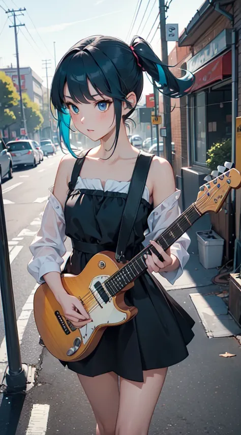 ((masterpiece, best quality))1girl, solo, black dress, blue eyes, electric guitar, headphones, double ponytail, long hair, music, one side up, teal hair, twin tails, white sundress, guitar case on her back, walking the afternoon street 