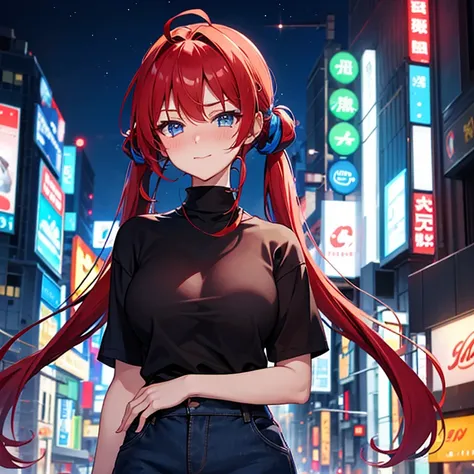 masterpiece, best quality, night, city, neon lights, looking at viewer, upper body, 1girl, red hair blue fade, twintails, red and blue eyes, red and blue sweater, short sleeves, medium breasts, light smile, nose blush, half-closed eyes