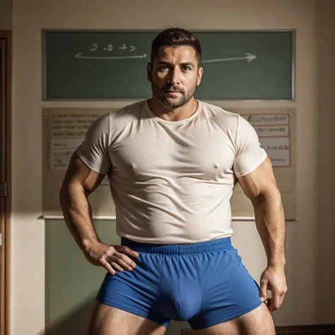 35 year old muscular hot teacher in stretchy boxers, con bulto grandisimo en la entrepierna, se tiene que ver la cara.