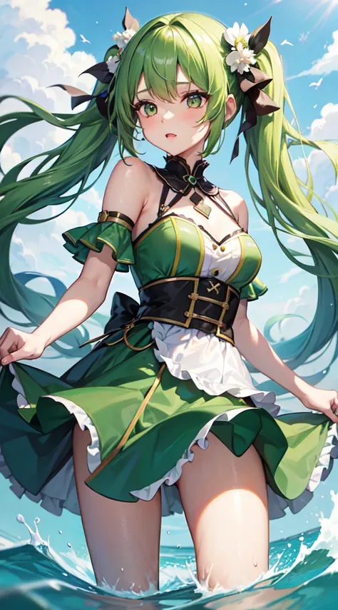 1girl, solo, hair ornament, green hair, twintails, long hair, dress, water