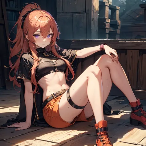 Masterpiece, 4K, Best Quality, purple eyes, long orangish hair, golden brown skin, medieval period chest wrap, latex Shorts, sitting, legs spread, Arms Crossed Cool Expression Sweat Miwaki, Amazonian beauty