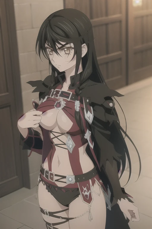 velvet crowe, 1girl, anime coloring, black hair, brown eyes, brown hair, closed mouth, large breasts, naked