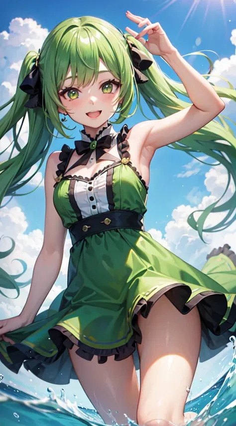 1girl, solo, hair ornament, green hair, twintails, long hair, dress, water, splashing, smiling 