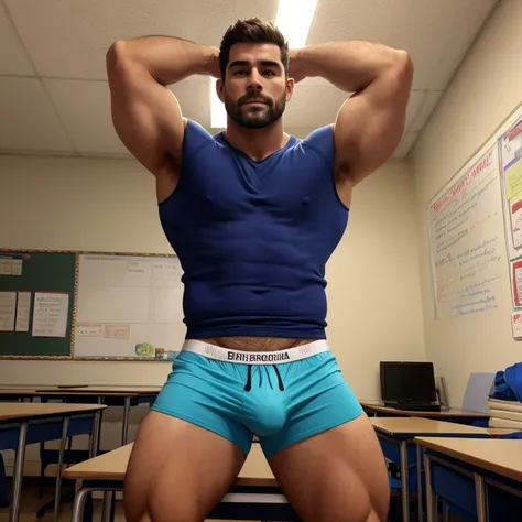 Hot 35 year old teacher in stretchy boxers, con bulto grande en la entrepierna, se tiene que ver la cara.