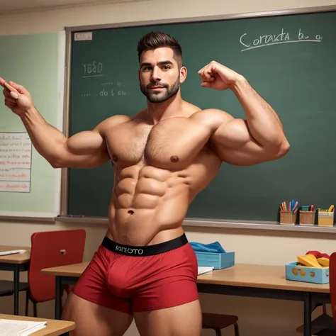 Hot 35 year old teacher in stretchy boxers, con bulto grande en la entrepierna, se tiene que ver la cara.