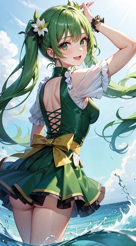 1girl, solo, hair ornament, green hair, twintails, long hair, dress, water, splashing, smiling, back turned, up skirt 