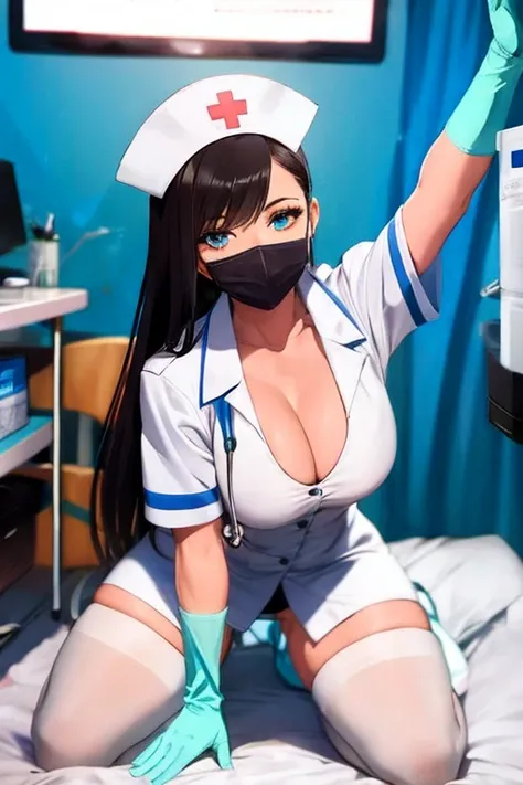 8k,masterpiece, best quality,1girl, solo, beatiful nurse, medium breast, green blue eyes, neckline, perfect body, high details eyes, black bra, black panties,   white uniform, white dress, white stockings, white shoes, nurses cap, protective equipment, glo...