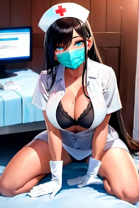 8k,masterpiece, best quality,1girl, solo, beatiful nurse, medium breast, green blue eyes, neckline, perfect body, high details eyes, black bra, black panties,   white uniform, white dress, white stockings, white shoes, nurses cap, protective equipment, glo...