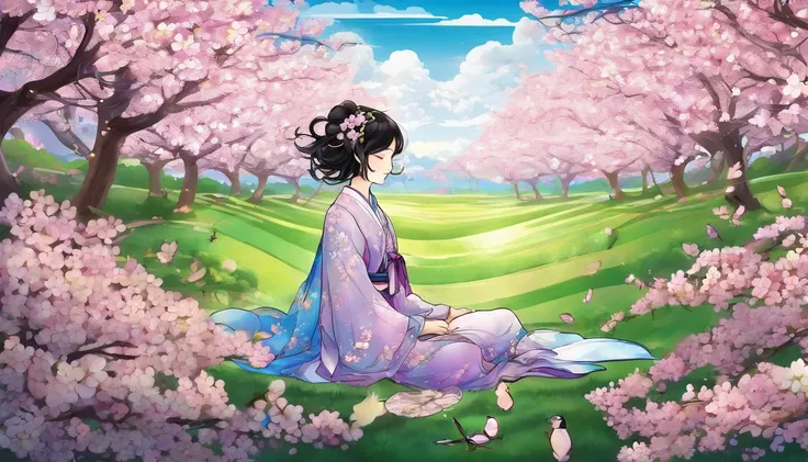 8K、masterpiece、highest quality、surreal、Photoreal、Cherry blossoms and cityscape、BREAK A beautiful girl with beautiful black hair and a hair ornament in the shape of cherry blossom petals is lying on the grass under a row of cherry blossom trees and taking a...