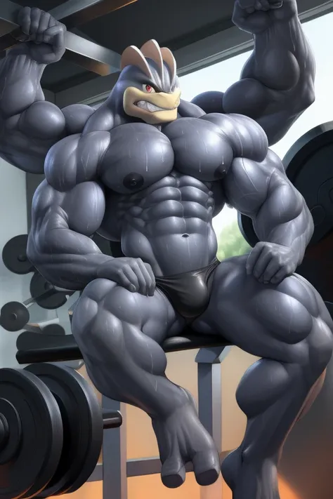 an (humanoid, 4-armed, anthro, (machamp:1.00)) at the gym(by maldu, by tojo the thief, by kusunagi, by lindong), (ultra res, masterpiece, pinup, (hanging, (with 4 arms) (on a horizontal bar, ((high above ground)))), looking at viewer:1.00), (focused expres...