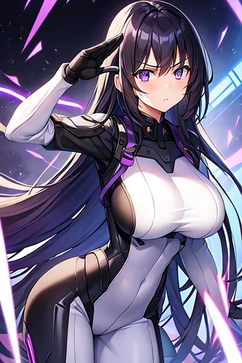 1girl, black hair, long hair, serious, salute, purple eyes, white bodysuit, bodysuit, large breasts, breasts, futuristic, tech, science-fiction, machinery