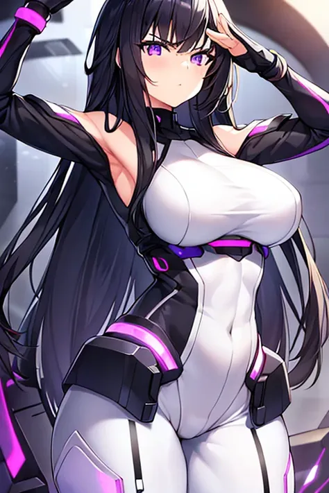 1girl, black hair, long hair, serious, salute, purple eyes, white bodysuit, bodysuit, large breasts, breasts, thick thighs, mature female, toned, ((toned)), futuristic, tech, science-fiction, machinery