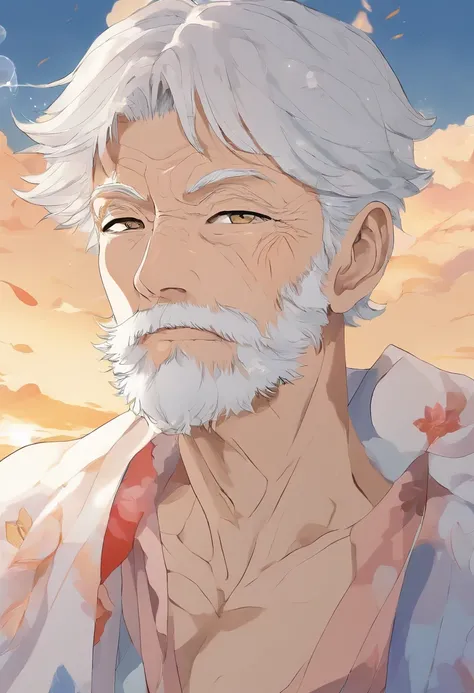 An elderly man in his 60s、wrinkles on the face、Eyes a little tired、Thin macho、Vest on shirt、naked eye、Background summer sky