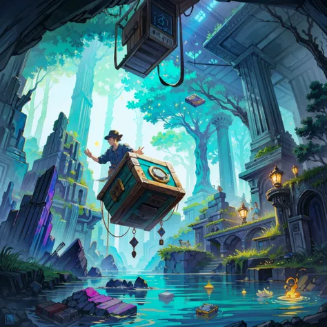 (best quality,4k,8k,highres,masterpiece:1.2),pixel art,aerial view,top down perspective,(a character diving into a treasure ches...