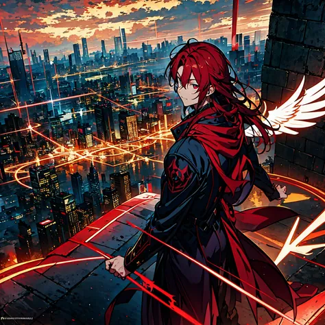 A pale magic circle floating in the sky,A blade that cuts through the darkness,A hero who stands against the destruction of the world,Wonderful fantasy,1 boy with wine red hair and 12 shining wings,disaster々horde of evil monsters,decisive battle of fate