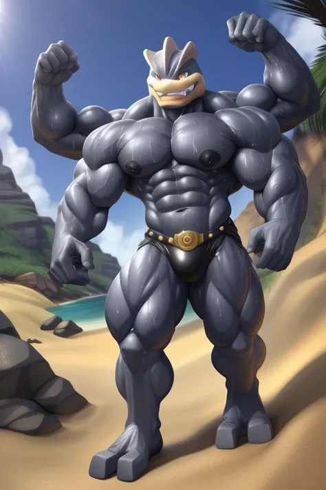 an (humanoid, 4-armed, anthro, (machamp:1.00)) on the beach(by maldu, by tojo the thief, by kusunagi, by lindong), (ultra res, masterpiece, pinup, (posing, (elegantly)))), (solo, male, muscular humanoid), (detailed muscles, photorealistic muscles, beautifu...