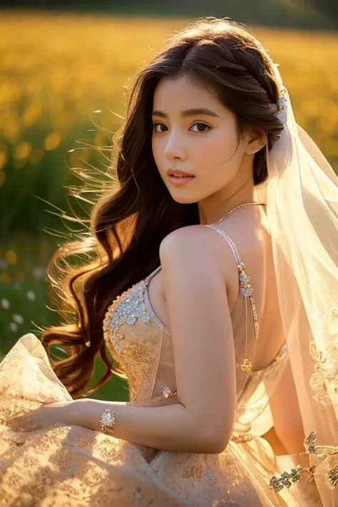 Graceful sexy pretty girl standing in meadow, Delicate face illuminated by the soft light of the setting sun. Her long, Flowing hair runs down your back, Decorated with intricate braids、Adorned with sparkling gemstones. This stunning picture is、、It capture...