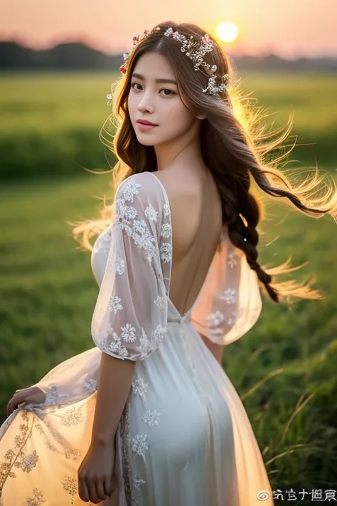 Graceful sexy pretty girl standing in meadow, Delicate face illuminated by the soft light of the setting sun. Her long, Flowing hair runs down your back, Decorated with intricate braids、Adorned with sparkling gemstones. This stunning picture is、、It capture...