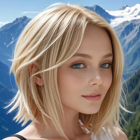 Une magnifique femme aux cheveux blonds et aux yeux bleus, mountain background.