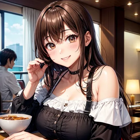 anime、beautiful girl、brown hair、black eyes shine、Hotel、special smile、Plump