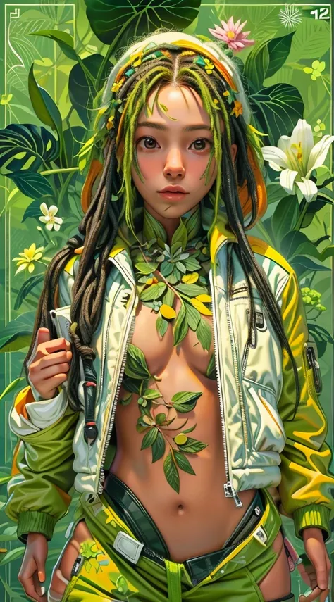 ((girl), (green:1.5, orange:1.1, white:1.3, yellow:1.3))_((very sexy rapper girl with dreadlocks hair), tattoos,(naked body parts), (down jacket :1.2),(Jacket on a naked body, mother, thong))__(( fractal, Flowers, leaves, Fog, lilies, circles background)).