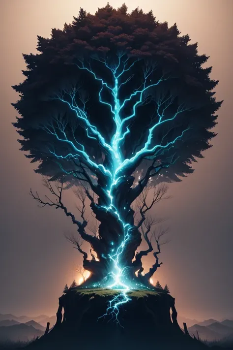 The tree is the central point of the image, representando a jornada de crescimento pessoal. Shes big, robust and healthy, with visible details on its leaves, galhos e tronco, Even in the darkness of the night.Deep and Strong Roots: The roots of the tree ar...