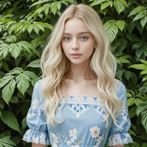 Femme de race blanche aux yeux bleus, long wavy blonde hair, wearing a floral patterned dress, surrounded by lush green foliage in the background.