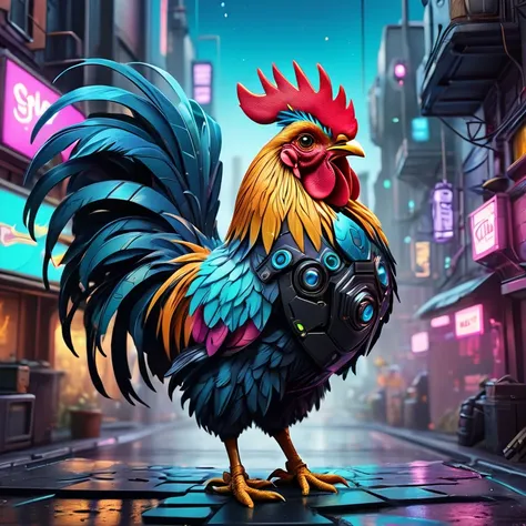 fluffy:1.7, dystopian:1.4, Cyberpunk Paper art style concept art , fluffy off-beat bio-mechanical GPU rooster, abstract close up, cute adorable, quirky, ((over a magical neon soaked city)) adorable scene filled with vibrant colors, 35mm, clear and detailed...