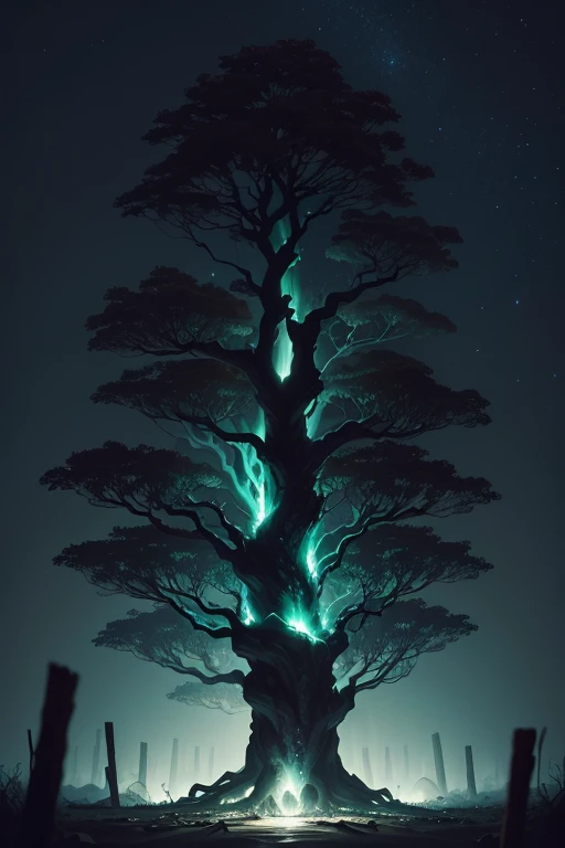 The tree is the central point of the image. Shes big, robust and healthy, com detalhes em galhos e tronco, Even in the darkness of the night.The roots of the tree are deep and strong, diving into the ground to impart stability and solid foundation. They in...