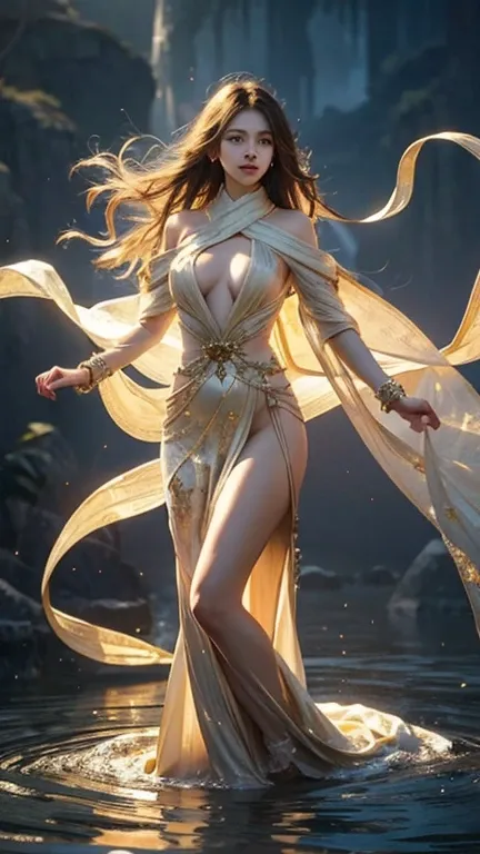 a goddess with very long golden hair, was floating against the background of a heavenly atmosphere, with rays of light. her slender body with big  and long legs, smooth white skin, a scarf coiled and floating around her wrist, her hair decorated with orien...