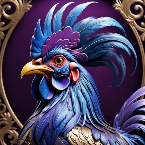 Mechanical roosters，photorealestic，anthropomorphic rooster，Role setting，Ultra-detailed graphics，Delicate face，8K，MagazineCover，Floral background decoration，intense color contrast，The color is dark，Blue-violet tones, blurple