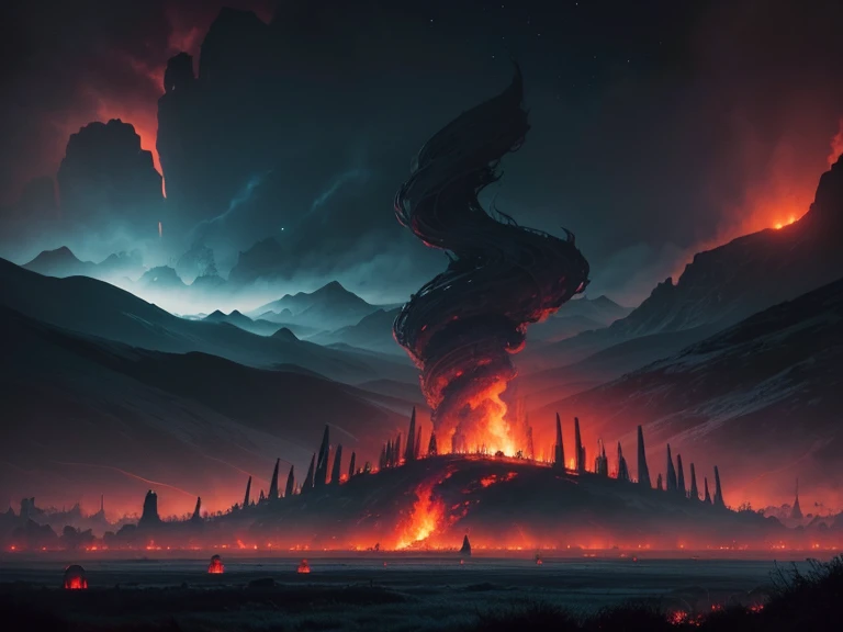 an unnatural twisted liminal horrific landscape with dark red and dark blue lighting, horror aesthetic, ruined land, destroyed gothic city, blue fires, endless graves, starry sky, earie fog swirling, crimson sky,