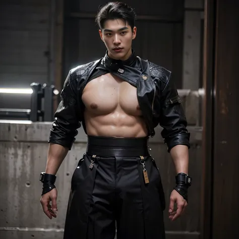 photo of a handsome (korean man), ((futuristic fashion show)), (Supermodel), runway, (smirk:0.7), coiffed hairstyle, (oily skin), (looking at viewer), fashion model posing, b0ndage, ((bondage strap outfit)), male focus, dynamic movement, (ultra realistic, ...