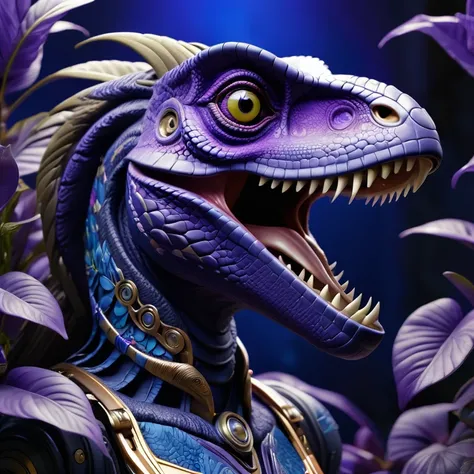 Mechanical velociraptors，photorealestic，anthropomorphic velociraptor，goddess, Role setting，Ultra-detailed graphics，Delicate face，8K，MagazineCover，Floral background decoration，intense color contrast，The color is dark，Blue-violet tones, blurple