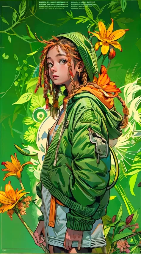 ((girl), (green:1.5, orange:1.1, white:1.3, yellow:1.3))_((very sexy rapper girl with dreadlocks hair), tattoos,(naked body parts), (down jacket :1.2),(Jacket on a naked body, thong))__(( fractal, Flowers, leaves, Fog, lilies, lines, circles background)).
