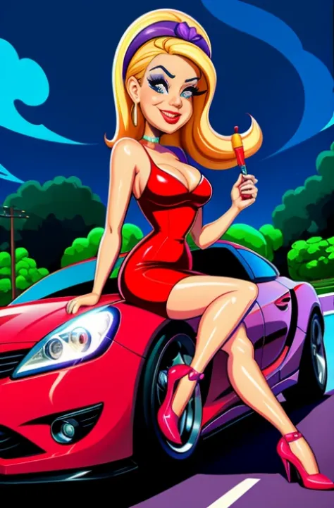 digital painting, 4k, babes, a cartoon of a woman in a red dress sitting in a purple car, caricature style, caricature illustration, cartoon art style, in cartoon style, cartoon style illustration, cartoon style cartoon, cartoon digital art, cartoon digita...